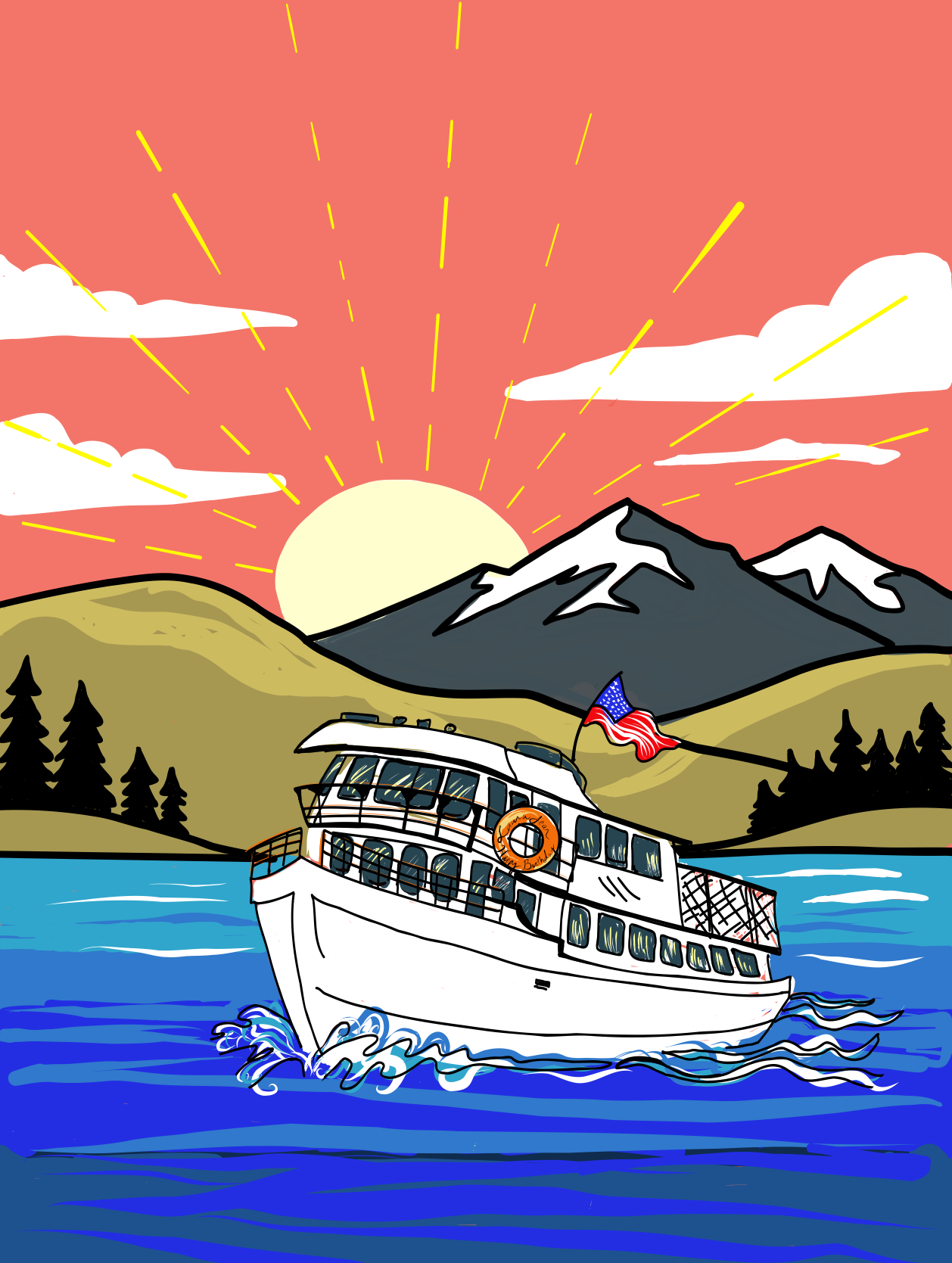 Illustration of a cruise boat on Lake Chelan at sunset